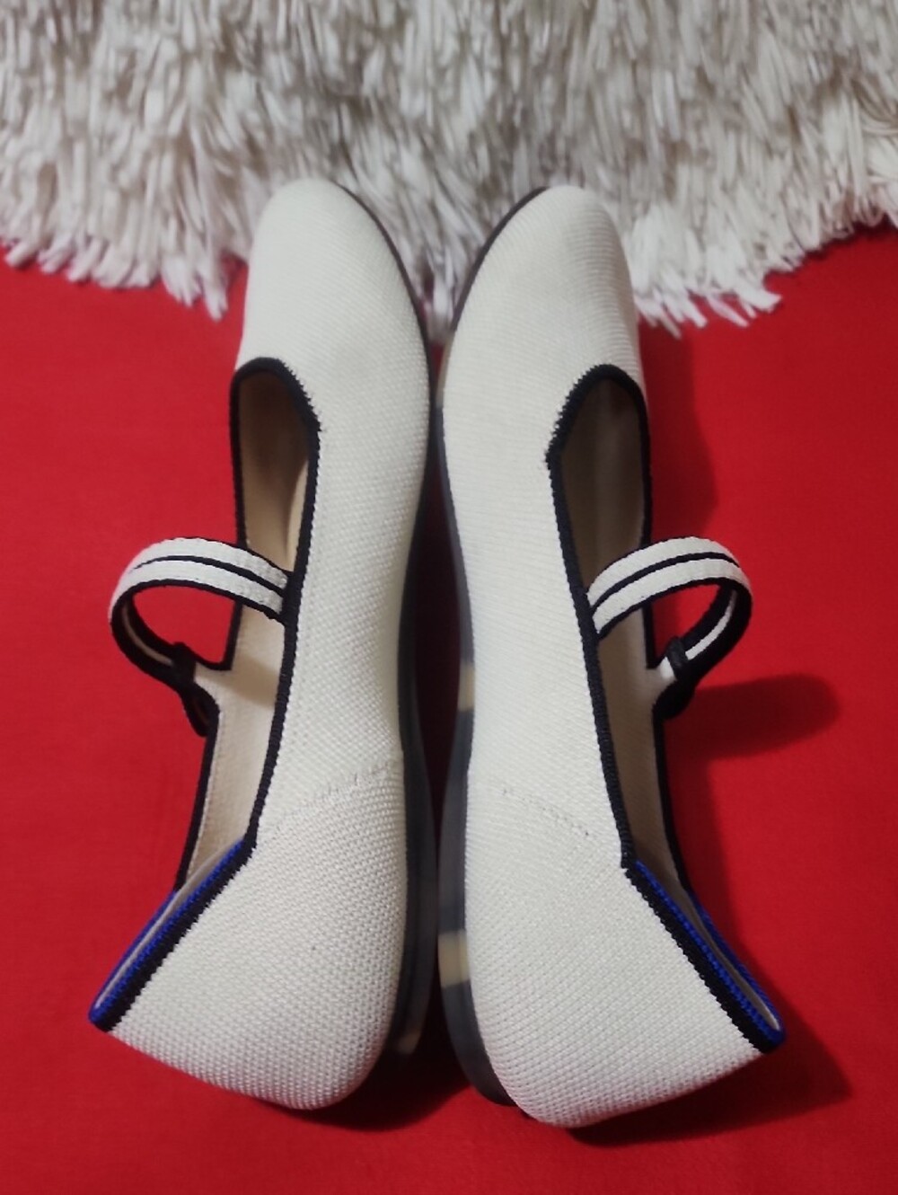 Rothy's The Square  Cream Mary Jane Flats with Black Trim and Blue Edge - Picture 6 of 11